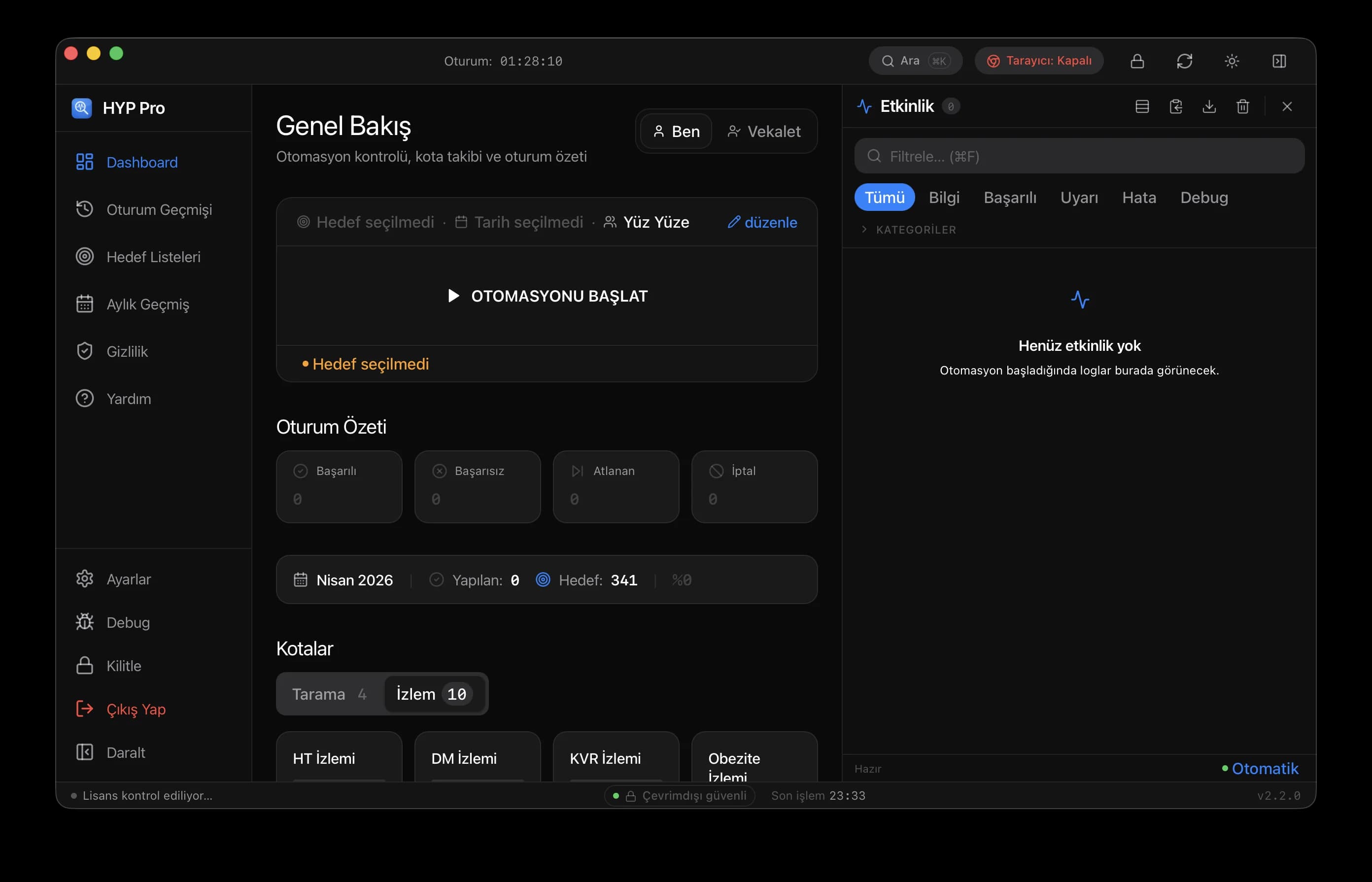 HYP Pro dashboard — Otomasyonu başlat ekranı